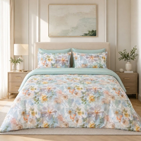 Lenjerie de pat dublu cu elastic Garden Reviere Cotton Pro Pucioasa bumbac ranforce premium model floral pastelat