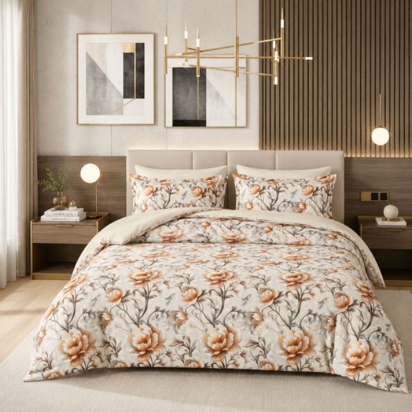 Lenjerie de pat dublu cu elastic Golden Dunes Cotton Pro Pucioasa bumbac ranforce premium model flori bej