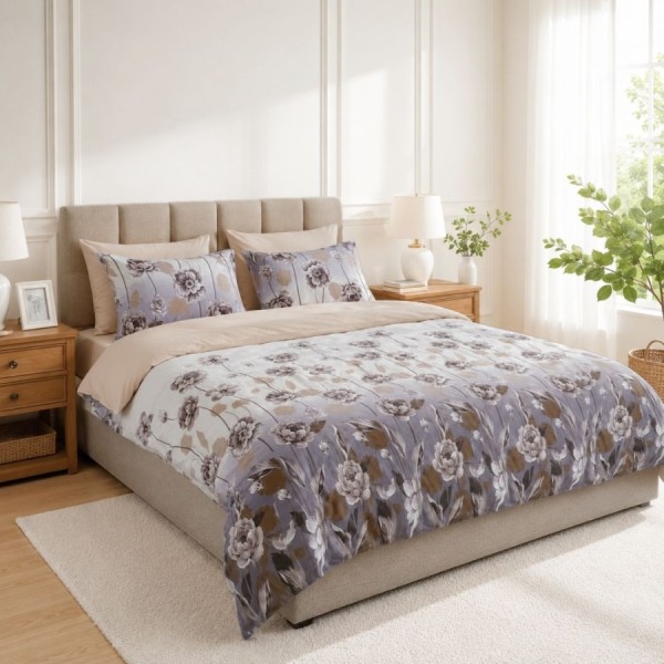 Lenjerie de pat dublu cu elastic Harvest Veil Cotton Pro Pucioasa bumbac ranforce premium model floral gri