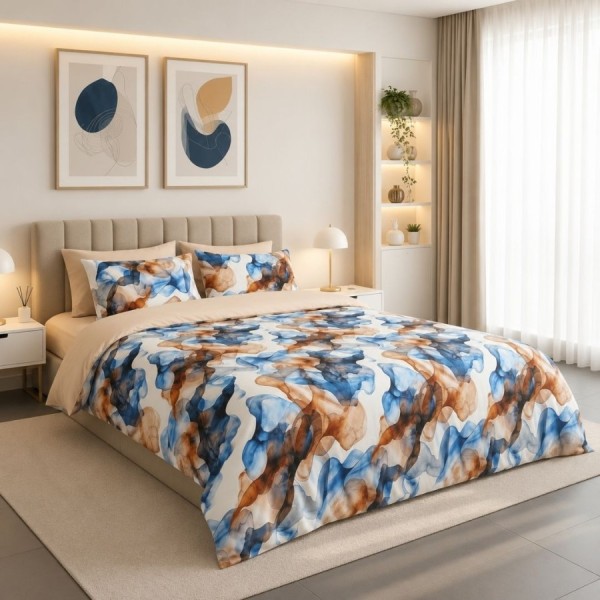 Lenjerie de pat dublu cu elastic Ocean Flow Cotton Pro Pucioasa bumbac ranforce premium design abstract albastru maro bej