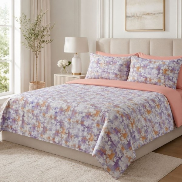 Lenjerie de pat dublu cu elastic Orchid Mist Cotton Pro Pucioasa bumbac ranforce premium model abstract floral mov piersica