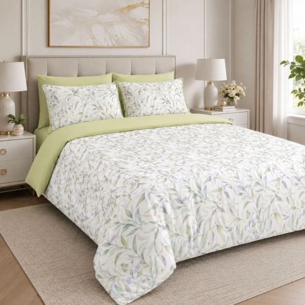 lenjerie de pat dublu cu elastic Safe Sage cu frunze Cotton Pro Pucioasa bumbac ranforce premium model floral botanic