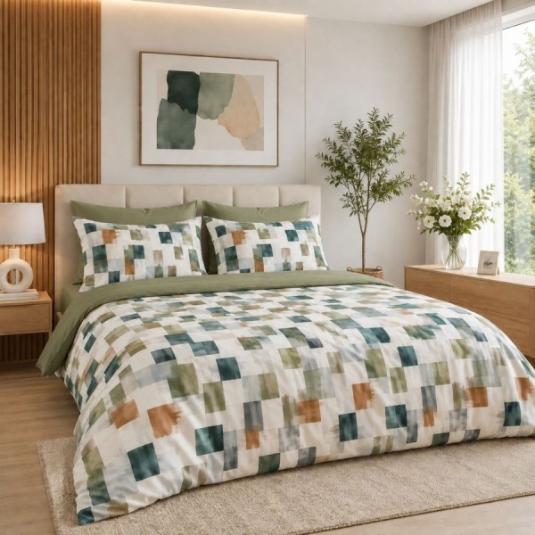 lenjerie de pat dublu cu elastic Sage Rhythm Patrate Cotton Pro Pucioasa bumbac ranforce premium model geometric cu patrate verde bej gri