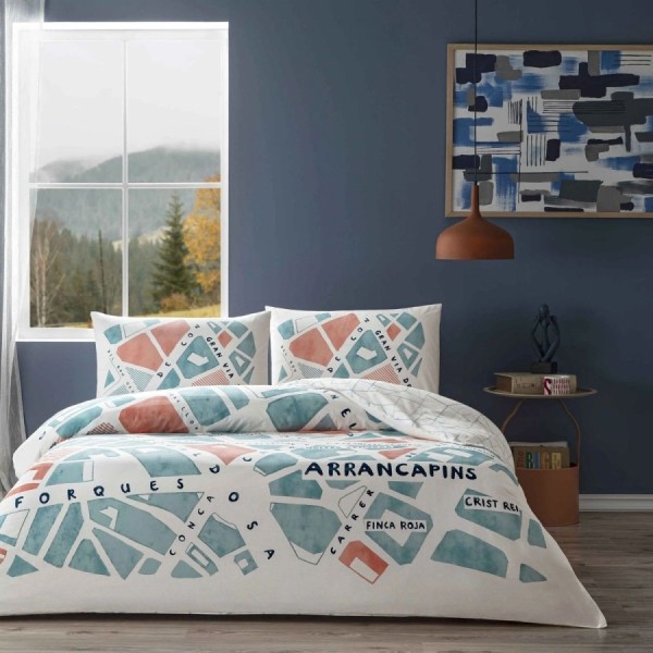 Lenjerie de pat dublu cu elastic Selby TAC bumbac ranforce model geometric abstract albastru verzui si teracota
