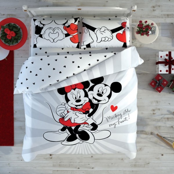 Lenjerie de pat dublu din bumbac 100% ranforce, model Disney Minnie & Mickey Love Day, cu elemente fosforescente.