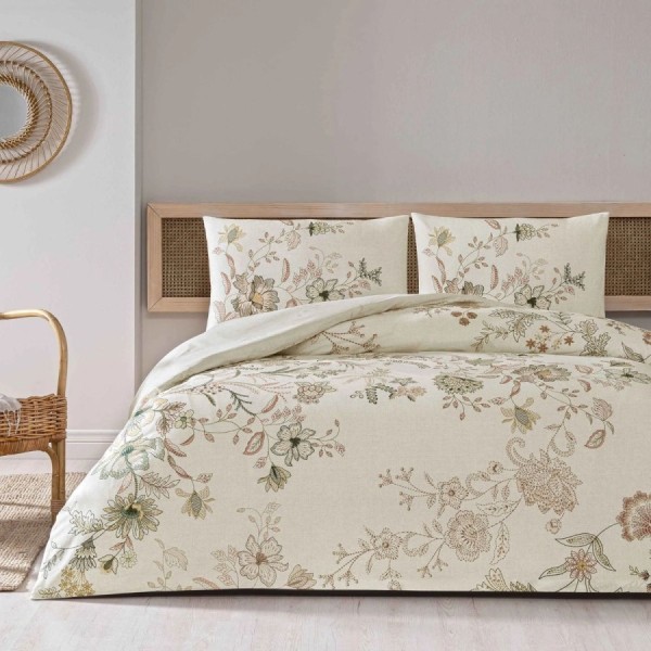 Lenjerie de pat dublu Despina Ecru TAC bumbac ranforce model floral botanic pe fond ecru