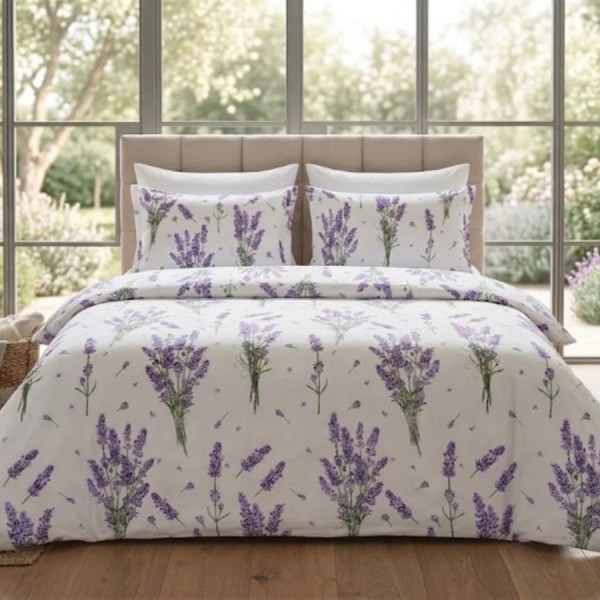 Lenjerie de pat Lavanda Mov din bumbac 100% satinat cu imprimeu floral lavanda mov, 6 piese