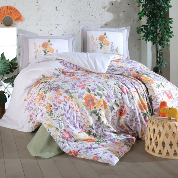 Lenjerie de pat dublu bumbac 100% ranforce cu flori colorate pe fundal alb