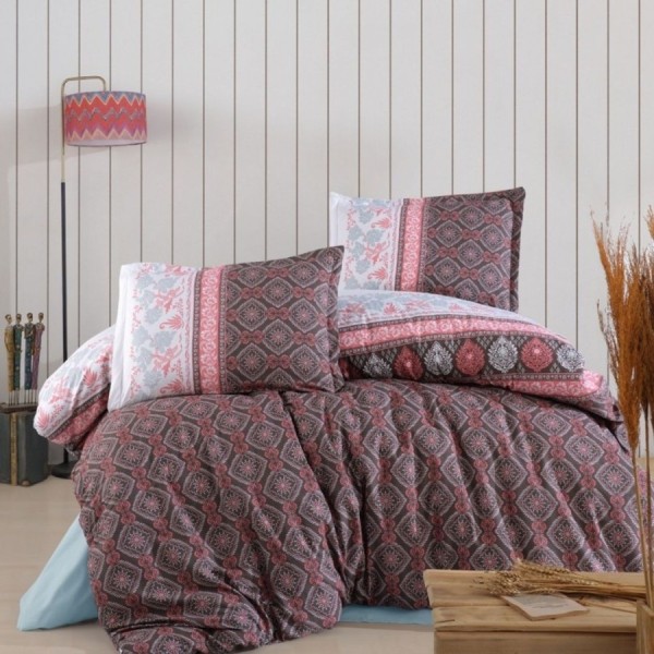 Lenjerie pat dublu bumbac 100% ranforce Izgi cu imprimeu baroc si geometric bordo