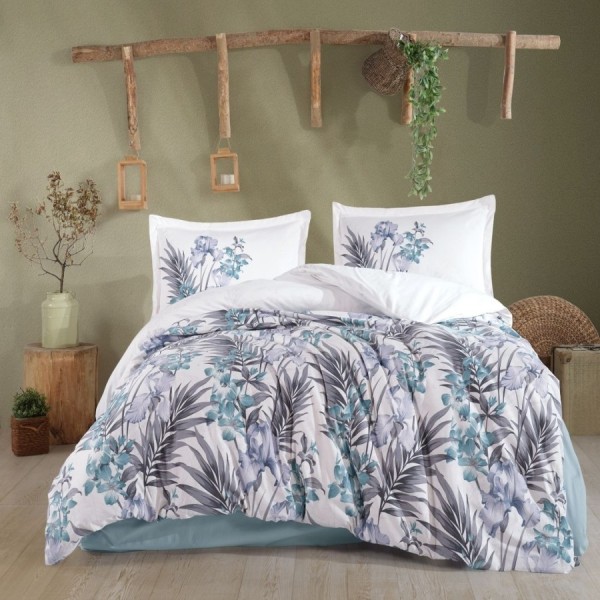 Lenjerie pat dublu bumbac 100% ranforce Lilyum 200x220 floral bleu gri