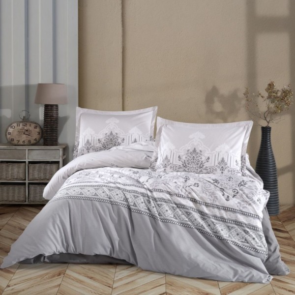 Lenjerie pat dublu bumbac 100% ranforceVinta cu imprimeu baroc si geometric gri