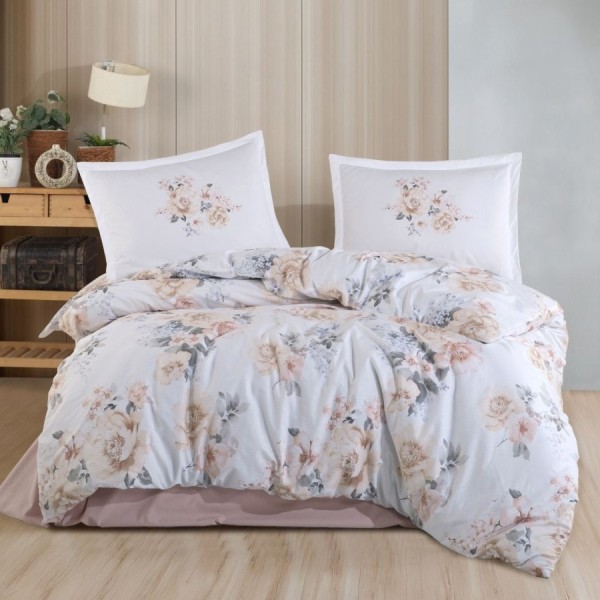 Lenjerie pat dublu bumbac 100% ranforce Floral Bej 200x220
