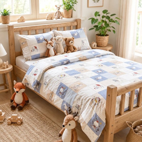 lenjerie de pat copii din bumbac satinat cu figurine jucause si carouri, set 4 piese in nuante de bleu si bej