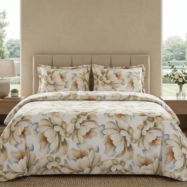 Lenjerie de pat dubla bumbac 100% satinat floral bej 4 piese fabricata in Romania