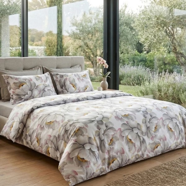 Lenjerie de pat dubla bumbac 100% satinat floral gri 4 piese fabricata in Romania