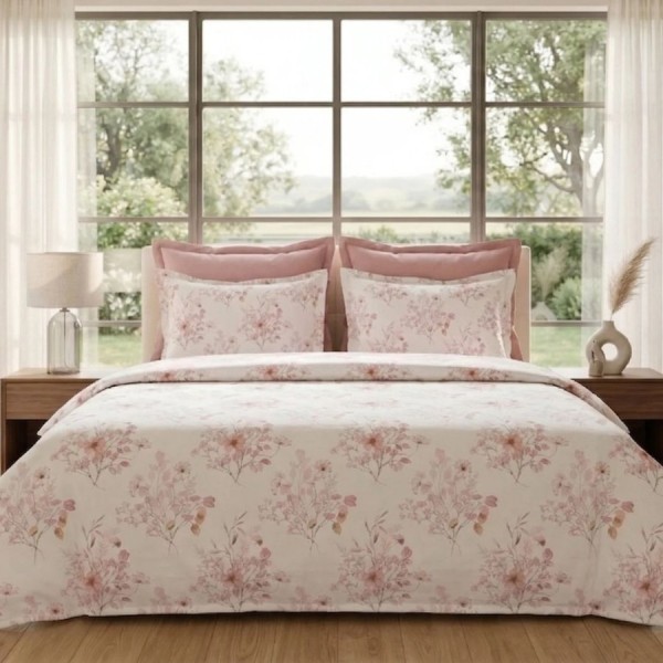 Lenjerie de pat dubla bumbac 100% satinat flori roz pastel, 4 piese, fabricata in Romania