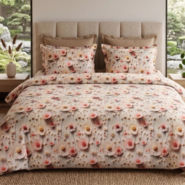 Lenjerie de pat dubla bumbac 100% satinat flori roz/crem, 4 piese, fabricata in Romania