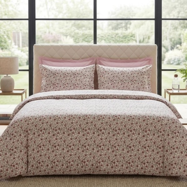 Lenjerie de pat dubla bumbac 100% satinat floricele delicate roz, 4 piese, fabricata in Romania