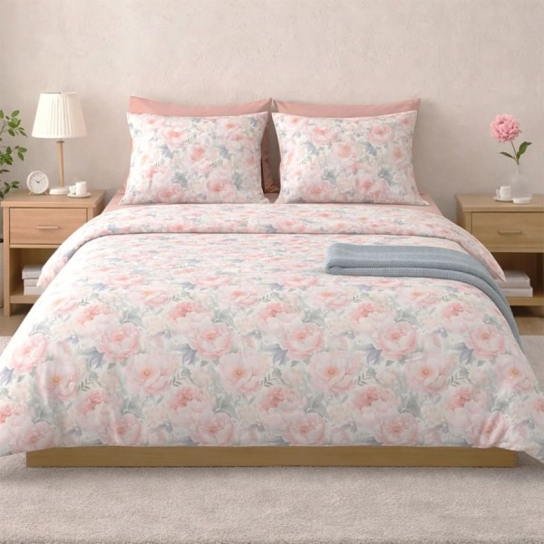 Lenjerie de pat dubla bumbac 100% satinat cu bujori roz pastel 4 piese Ralex Pucioasa