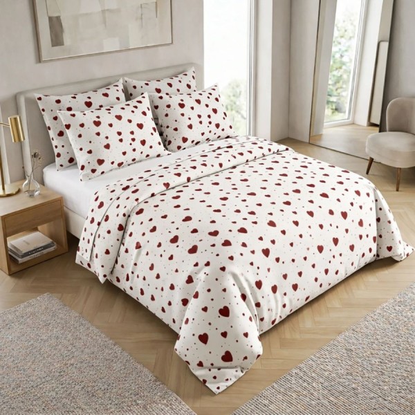 Lenjerie de pat dubla bumbac 100% satinat cu inimioare bordo design elegant 4 piese, fabricata in Romania