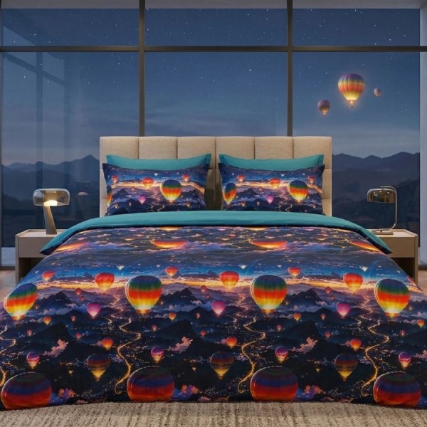 Lenjerie de pat dubla bumbac 100% satinat Cappadocia cu baloane colorate pe fundal nocturn, 4 piese, fabricata in Romania