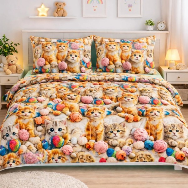Lenjerie de pat dubla bumbac 100% satinat cu pisicute si ghemotoace colorate design vibrant 4 piese Ralex Pucioasa