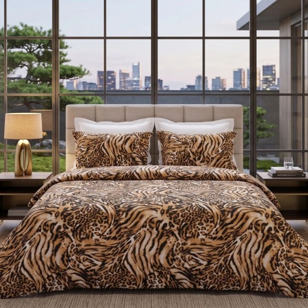 Lenjerie de pat dubla bumbac 100% satinat animal print tigru leopard maro, 4 piese, fabricata in Romania