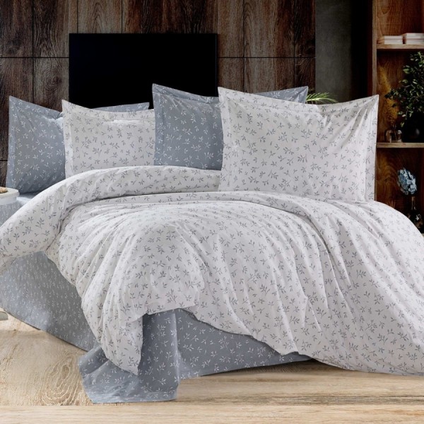 lenjerie de pat dublu cu ramuri gri, bumbac satinat, set 4 piese, cearceaf gri uni