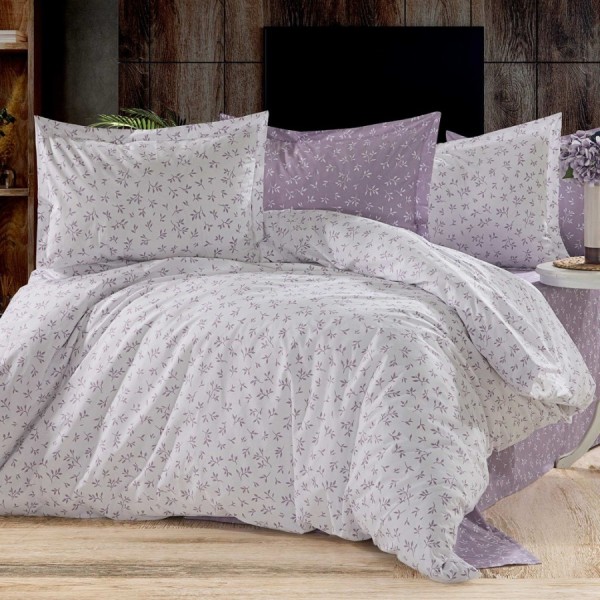 lenjerie de pat dublu cu ramuri lila, bumbac satinat, set 4 piese, cearceaf lila uni