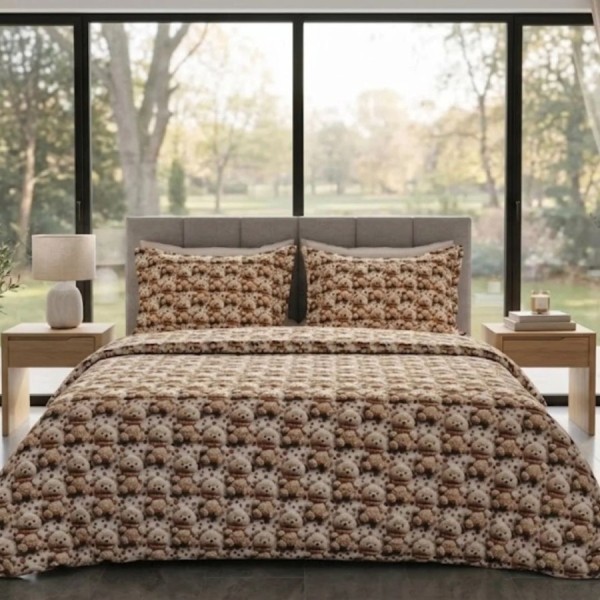 Lenjerie de pat dubla bumbac 100% satinat model cu ursuleti bej maro, 4 piese, fabricata in Romania