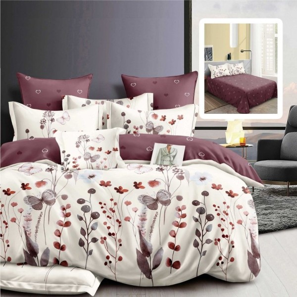 Set lenjerie de pat finet 6 piese cu fluturi si flori bordo pe fundal crem, cearceaf pilota 200x220 cm