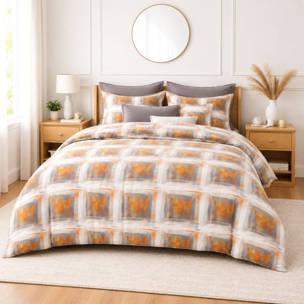 Lenjerie de pat dublu din finet Abstract gri caramel cu imprimeu geometric modern