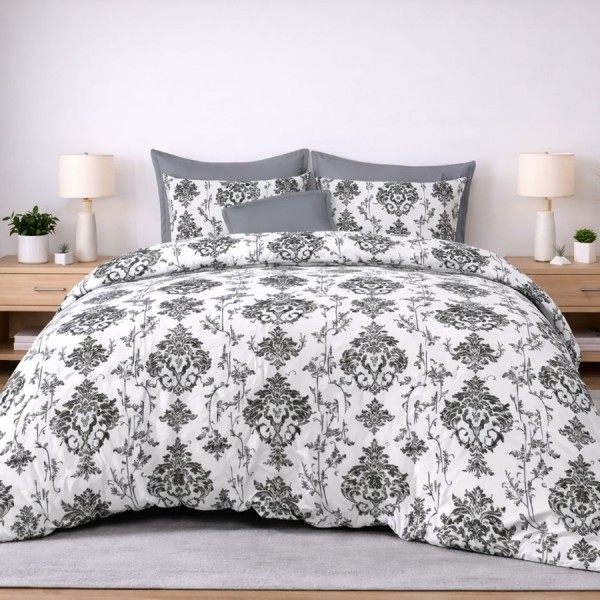 Lenjerie de pat dublu din finet Baroc cu imprimeu ornamental gri inchis pe fundal alb