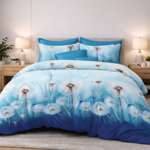 Lenjerie de pat dublu din finet Bleu cu papadii cu imprimeu delicat cu papadii albe pe fundal bleu si albastru