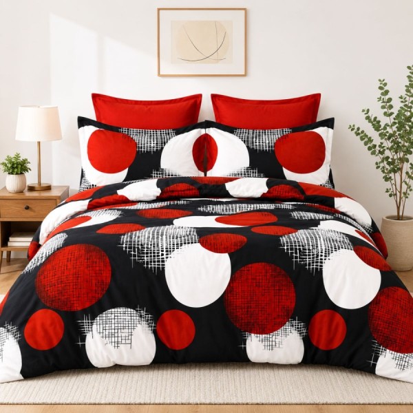 Lenjerie de pat dubla din finet Cercuri caramizii cu imprimeu geometric in nuante de rosu caramiziu alb si negru