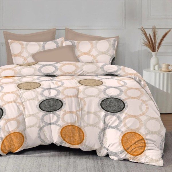 Lenjerie de pat dublu din finet Cercuri moderne cu imprimeu geometric in nuante de bej, gri si caramel