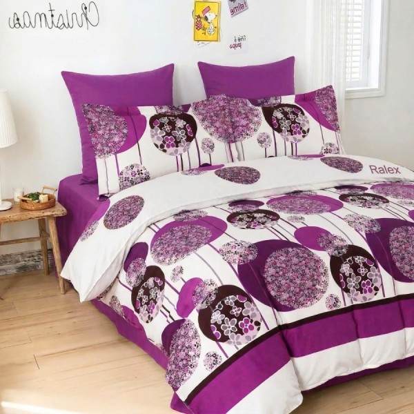 Lenjerie de pat dubla din finet Cercuri mov cu imprimeu decorativ in nuante de mov alb si accente florale