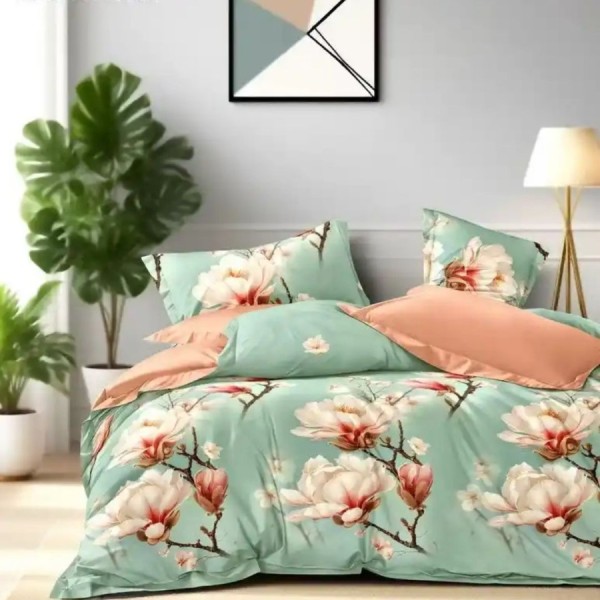 Lenjerie de pat dublu din finet cu 6 piese model cu flori de magnolie pe fundal verde