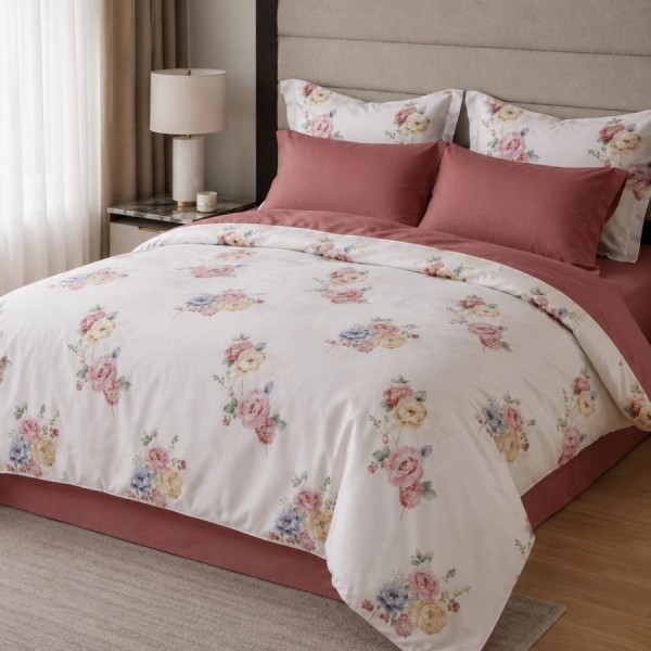 Lenjerie de pat dublu din finet cu 6 piese, model Trandafiri colorati pe fundal deschis, cu cearsaf roz prafuit uni