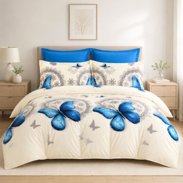 Lenjerie de pat dublu din finet Fluturi albastri cu imprimeu elegant cu fluturi albastri pe fundal crem