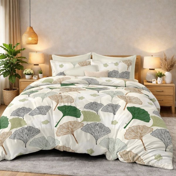 Lenjerie de pat dublu din finet Frunze decorative cu imprimeu elegant cu frunze in nuante de verde, gri si bej