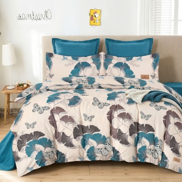Lenjerie de pat dublu din finet Frunze Ginkgo biloba cu imprimeu frunze decorative si fluturi in nuante turcoaz si crem