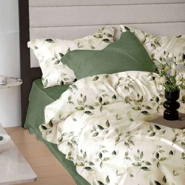 Lenjerie pat finet 6 piese frunze verzi cu cearceaf uni verde, fabricata in Romania