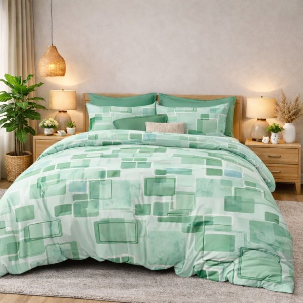 Lenjerie de pat dublu din finet Geometric verde cu imprimeu geometric in nuante de verde menta pe fundal deschis