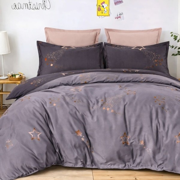 Lenjerie de pat dublu din finet Gri cu stelute cu imprimeu modern in nuante de gri si stelute decorative