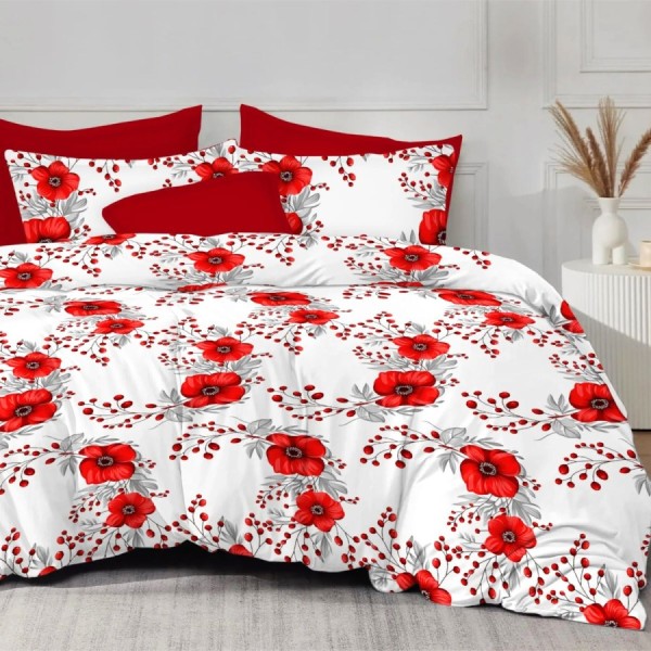 Lenjerie de pat dublu din finet Maci cu imprimeu floral cu maci rosii si ramuri decorative pe fundal alb
