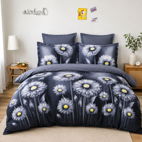 Lenjerie pat finet bleumarin, model cu margarete alb gri, set 6 piese cu cearsaf 230x250 si pilota 200x220