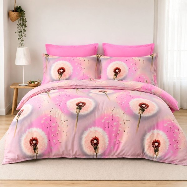 Lenjerie pat finet roz, model cu papadii pe fundal roz pal si cearsaf roz, set 6 piese 230x250