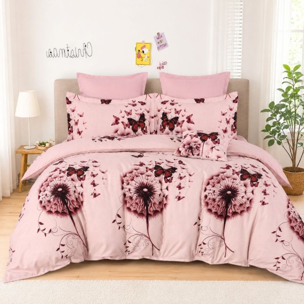 Lenjerie de pat dublu din finet Papadii si fluturi cu imprimeu roz cu papadii decorative si fluturi