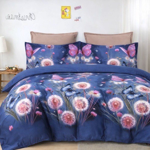 Lenjerie de pat dubla din finet Papadii si fluturi cu imprimeu albastru, papadii decorative si fluturi roz si albastri